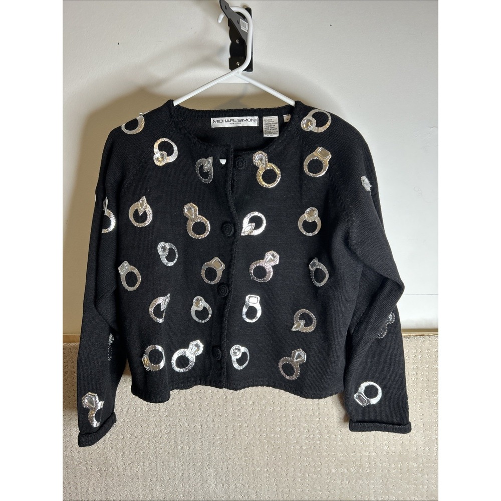 Michael Simon Black Silver Diamond Rings Cardigan Sweater sz Medium‎ RARE